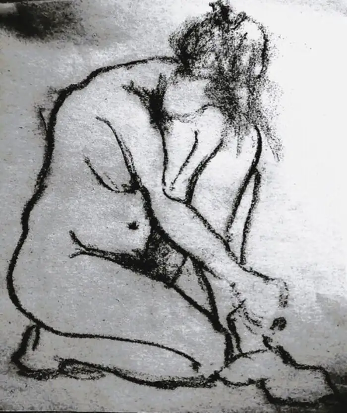Portrait artistique intitulé “Contemplation assise” réalisé par Danièle Archambault au crayon et fusain.