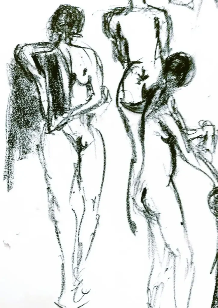Études de mouvements réalisées par Danièle Archambault en fusain et crayon, œuvre d’art