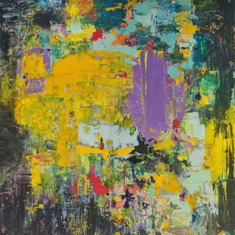 Œuvre abstraite “Joie des Champs”, peinture acrylique sur toile 100x100 cm par l’artiste Danièle Archambault (Art Dany)