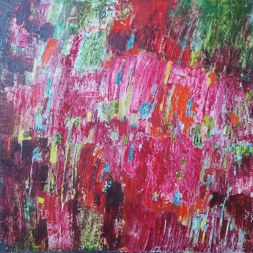 Peinture abstraite “L’Ardeur des Cœurs”, acrylique sur toile 100x100 cm par l’artiste Danièle Archambault (Art Dany)