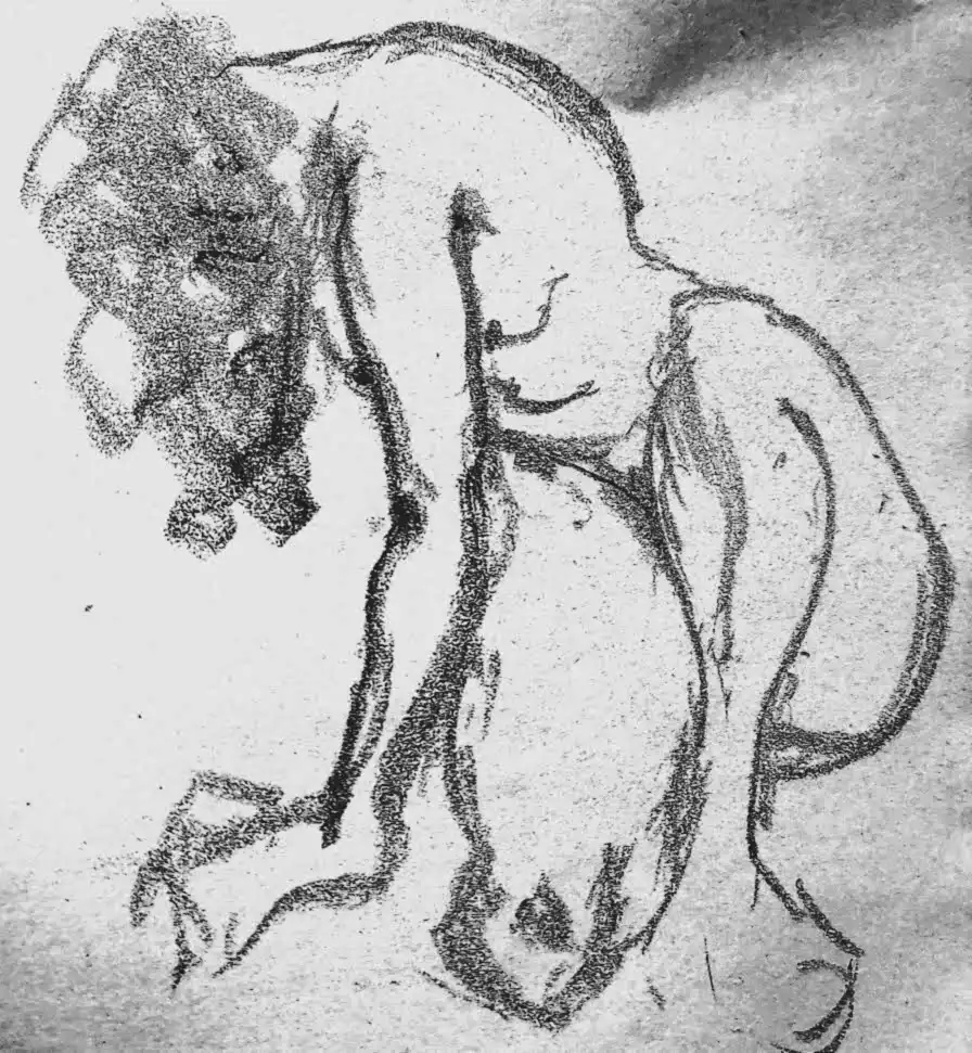 Oeuvre d'art contemporain intitulée "Le corps en repli", réalisée au crayon et fusain par Danièle Archambault
