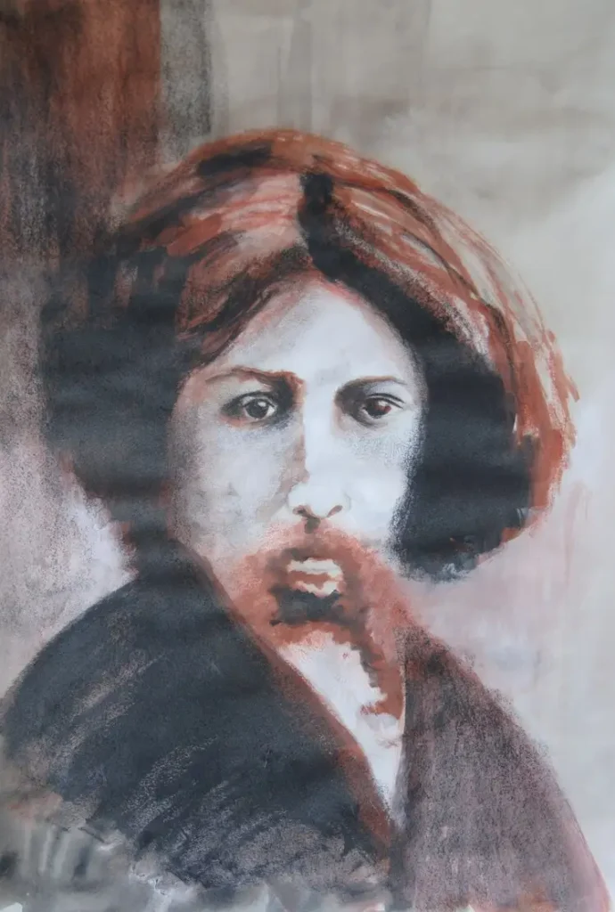 Portrait aux teintes de terre réalisé à l’encre de Chine, crayon blanc et sanguine sur papier blanc 90 g – Création originale signée Danièle Archambault – Artdany.fr