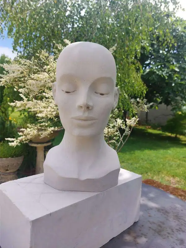 Sculpture de buste en pierre dans un jardin verdoyant par Danièle Archambault