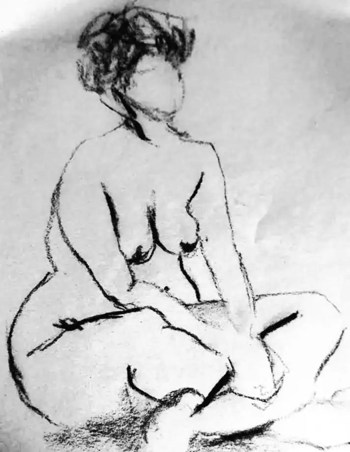 Dessin artistique intitulé “Contemplation assise” réalisé par Danièle Archambault au crayon et fusain.