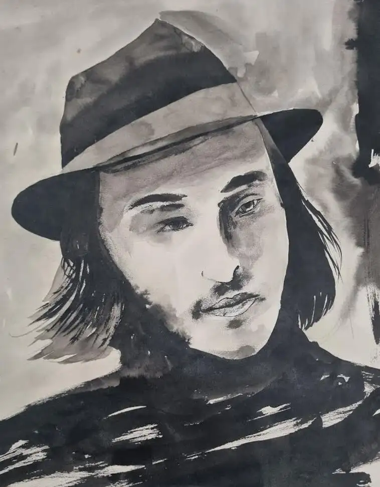 Portrait à l’encre de Chine sur papier Bristol – L’homme au chapeau – Danièle Archambault – Artdany.fr