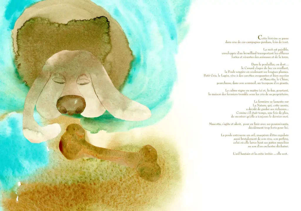 Chien avec un os – illustration extraite d’un livre pour enfants par Danièle Archambault – Artdany.fr