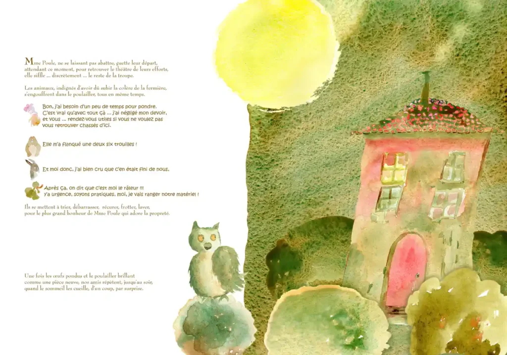 Hibou dans un village – illustration extraite d’un livre pour enfants par Danièle Archambault – Artdany.fr