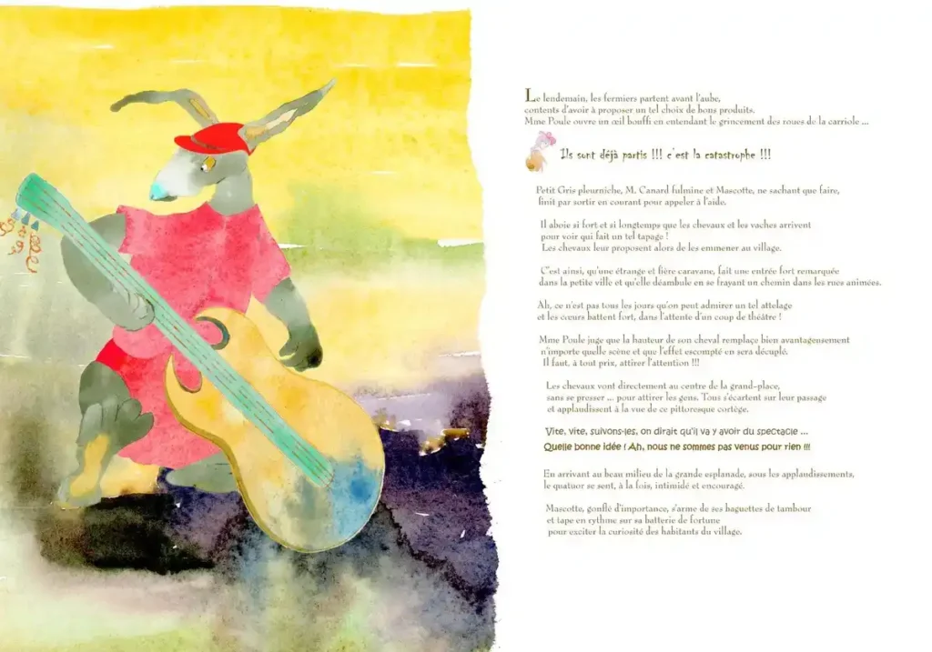 Lapin jouant de la guitare – illustration extraite d’un livre pour enfants par Danièle Archambault – Artdany.fr