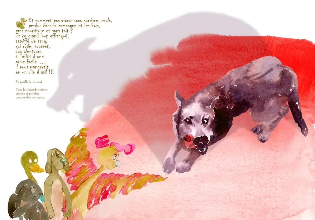 Loup – illustration extraite d’une page de livre jeunesse par Danièle Archambault – Artdany.fr