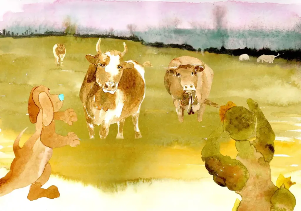 Vaches dans une prairie – illustration extraite d’un livre pour enfants par Danièle Archambault – Artdany.fr
