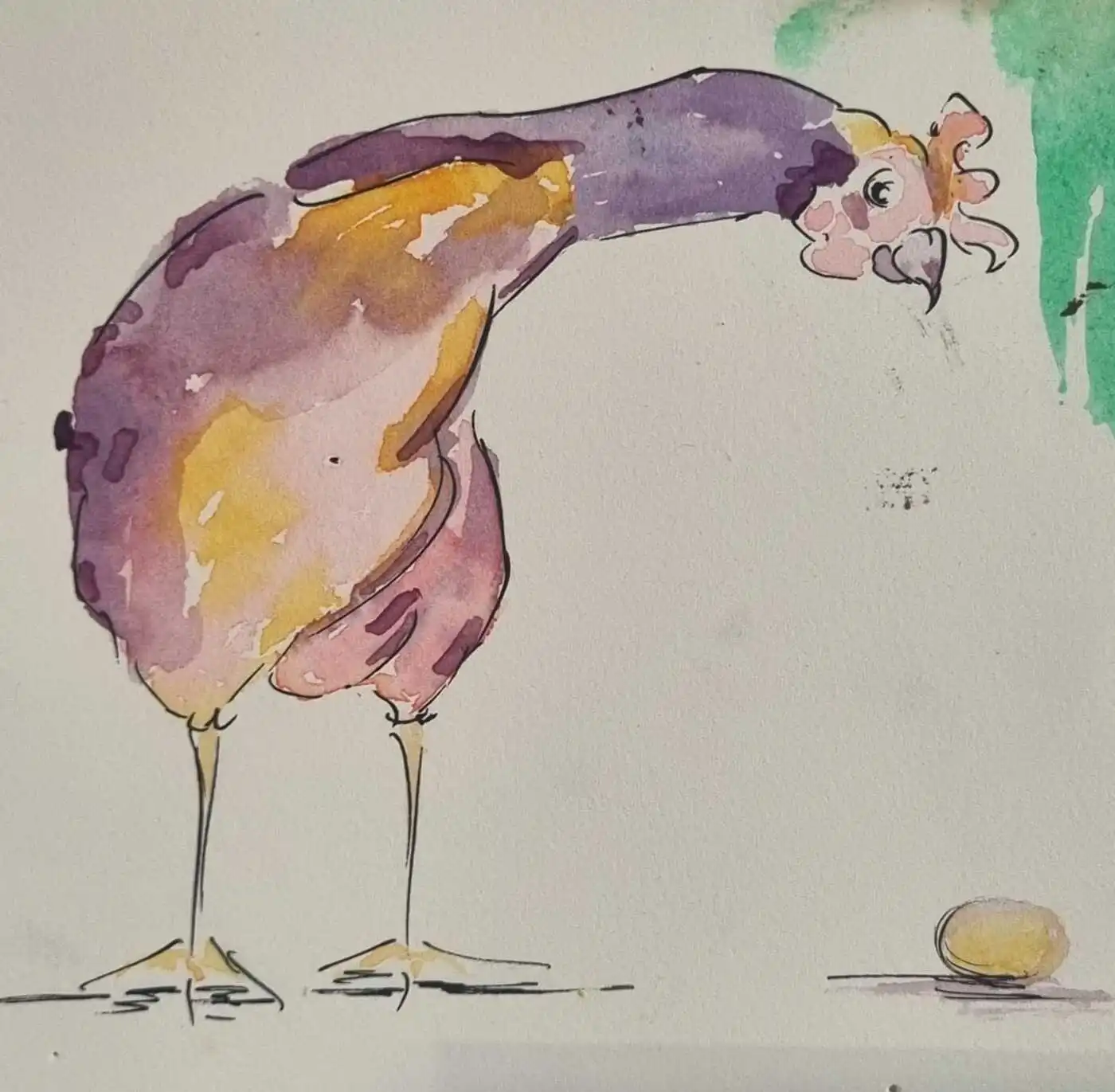 Illustration aquarelle d’une poule regardant un œuf, réalisée par Danièle Archambault, artiste plasticienne.
